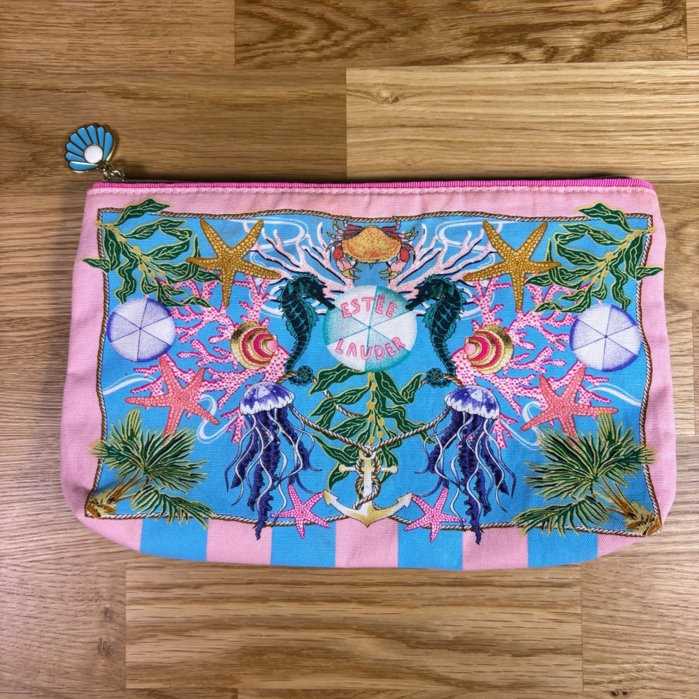 Estee Lauder Makeup Bag Pink Blue‎ Nautical Shell Zipper Pouch Nautical Preppy